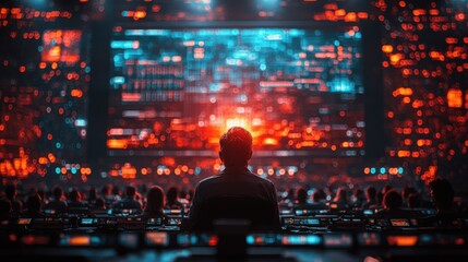 Poster - Man Watching Coding Data Stream on Giant Screen at Tech Conference
