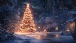 © Yilun - A lit Christmas tree under a snowy sky with snow-covered trees lining the street, Perfect for use in holiday campaigns, winter-themed marketing materials, and seasonal greeting cards