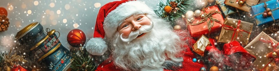 A cute, smiling Santa Claus in a red suit with a white beard, surrounded by Christmas gifts and colorful decorations in the background, idea for advertising online shopping or product promotions