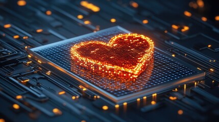 Poster - Digital Heart Shape on Circuit Grid with Glowing Effects and Vibrant Orange Lights for Technology and Emotion Themes in Modern Visuals