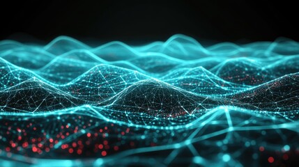 Poster - Abstract Digital Waveform Representation with Glowing Blue Lines and Red Dots in a Dark Background Ideal for Technology and Data Visualization Concepts