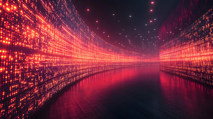 Abstract futuristic tunnel glowing with red and orange lights.