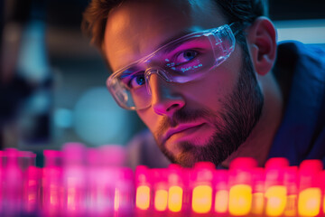Poster - Electronics engineer in glasses explores vibrant laboratory experiments