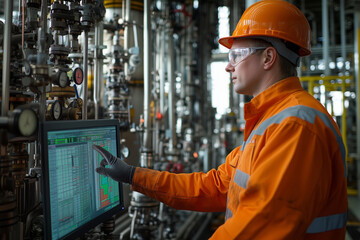 Poster - Engineer analyzes data on computer screen at gas facility during work hours