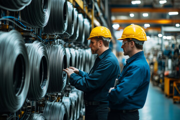 Poster - Engineers examining wire reels in a bustling manufacturing facility