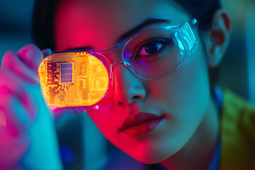 Aufkleber - A female engineer examines a semiconductor in a modern laboratory setting