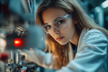 Poster - Female engineer examines intricate semiconductor components in a lab setting