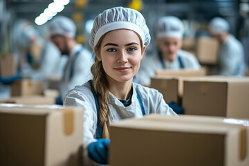 Poster - Dedicated workers efficiently packing boxes in a food processing plant