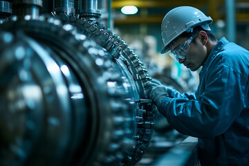 Poster - Focused male engineer skillfully managing advanced factory machinery
