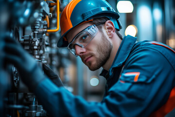 Poster - Dedicated male worker operating gas drilling rig equipment in a busy facility