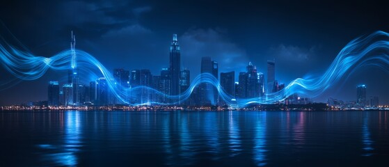 Poster - An expansive, abstract, and futuristic skyline of a city that beautifully showcases advanced technology and seamless connectivity through intricate digital patterns and an array of vibrant colors