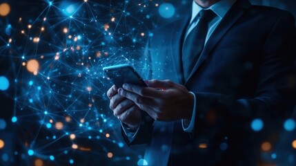 Poster - Businessman Using Smartphone with Digital Network