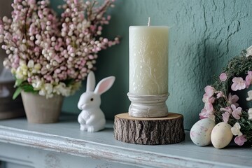 Wall Mural - easter decoration, handmade easter candle on mantelpiece with vintage bunnies, spring wreaths space for text