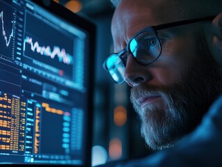 Poster - Stock market Investor analyst broker analyzing financial trade crypto stockmarket exchange platform digital chart data on computer screen thinking of investing analytic risk. Over shoulder view.