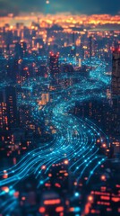 Poster - An abstract art piece depicting a vibrant, modern city at night, showcasing the blend of advanced technology and urban life through flowing lines that represent data and communication dynamics