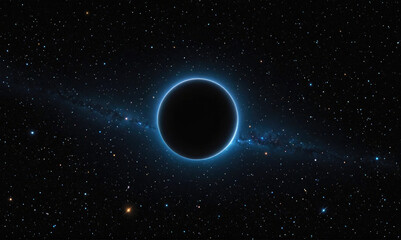 A black hole with a bright blue halo sits against a backdrop of twinkling stars and a faint galactic streak