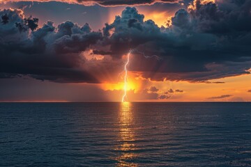 Wall Mural - amazing sunset over the stormy sea thunder and lightning in the background