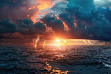 Wall Mural - amazing sunset over the stormy sea thunder and lightning in the background