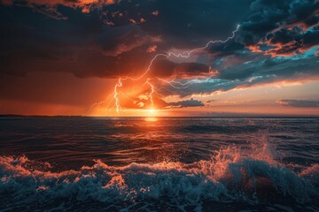 Wall Mural - amazing sunset over the stormy sea thunder and lightning in the background