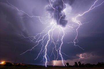 Wall Mural - multiple lightning strikes in rural setting at night.