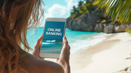 Aufkleber - Someone uses a smartphone for online banking on a picturesque beach, surrounded by palm trees and clear blue water