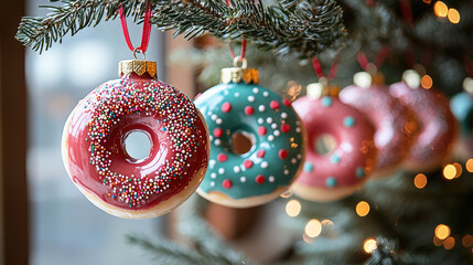 Poster - Festive donut ornaments are gracefully hanging from the branches of a beautifully decorated Christmas tree surrounded by warm glowing lights