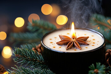 Poster - The warm glow of a candle with a star anise design sits amidst evergreen branches, creating a cozy atmosphere perfect for winter celebrations