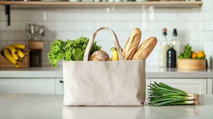 Poster - A reusable bag filled with fresh groceries, including lettuce, bread, bananas, and green onions, sits on a kitchen counter