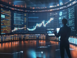 Poster - trader analyzing data on virtual screen.price graph and indicator. stock market invest and crypto cu