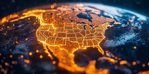 Poster - A stunning visualization of North America highlights glowing network connections across the USA on a digital Earth globe, showcasing the intricate web of information flow between regions
