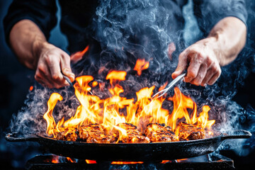 Poster - The chef expertly grills marinated meat, creating a fiery spectacle as flames rise in a busy kitchen