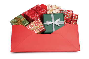 Poster - A vibrant assortment of wrapped gifts sits inside a large red envelope, perfect for holiday celebrations and surprises