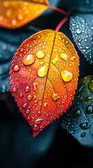 Poster - A vibrant autumn leaf displaying a gradient of orange to yellow, glistening with fresh raindrops after a light shower