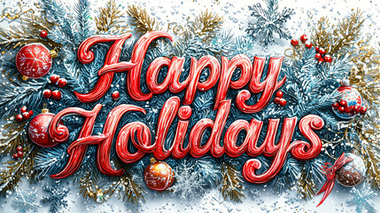 Poster - Colorful lettering promotes holiday cheer, surrounded by pine branches, red ornaments, and a wintery backdrop of snowflakes