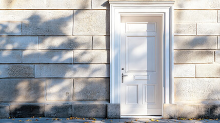 Poster - The white door stands against the textured stone wall, surrounded by gentle shadows from trees on a sunny day