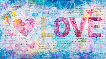 Fototapete - A vibrant display featuring the word love in large letters, adorned with hearts against an abstract, colorful textured backdrop that conveys warmth and emotion