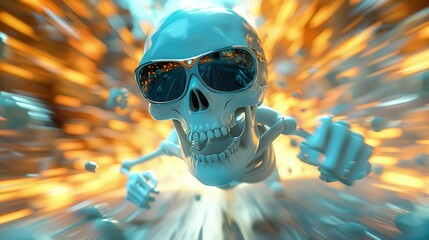Poster - A cartoon skeleton in sunglasses, flying through a tunnel of light.