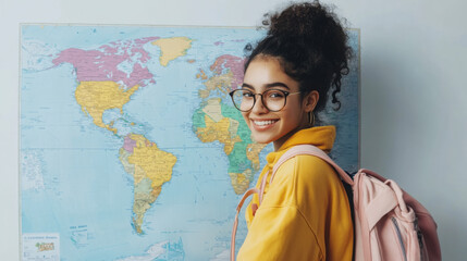 Young woman in casual travel attire with world map background for adventure concept design