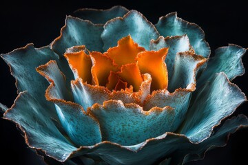 Poster - This macro capture showcases a stunning flower with vibrant orange and teal hues, highlighting its dynamic textures and intricate layers, embodying natures true beauty and artistry