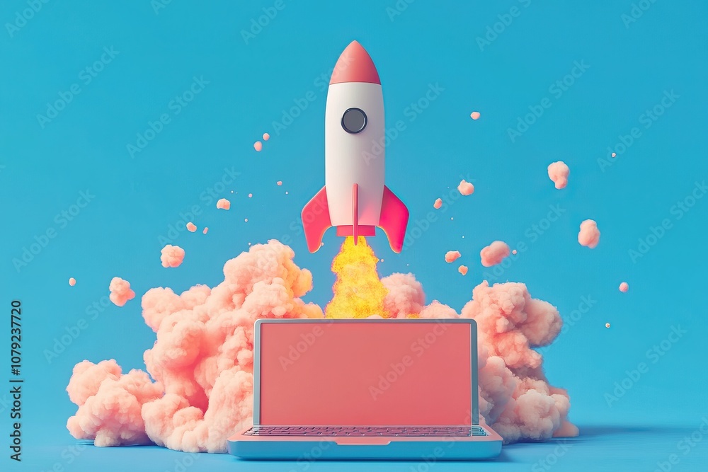Rocket launching from a laptop screen symbolizing innovation and ...