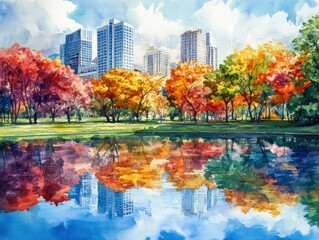 Wall Mural - Vibrant watercolor depicting urban landscape with colorful trees and reflections, blending city and nature in mesmerizing harmony.