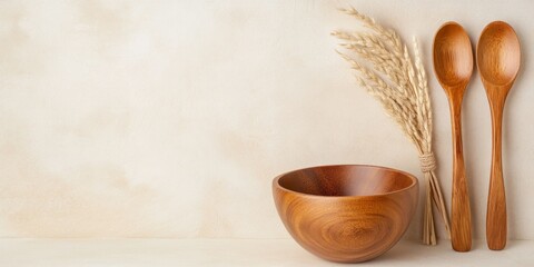 Poster - Rustic wooden bowls and utensils arranged on a minimalist table with natural textures and warm tones