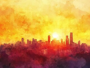 Wall Mural - Vibrant watercolor painting of a city skyline at sunset with vivid orange and yellow hues background