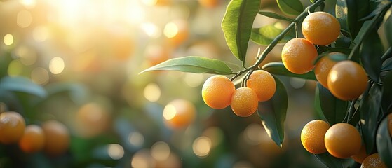 Close-up of ripe oranges on a branch in a sunny orchard.