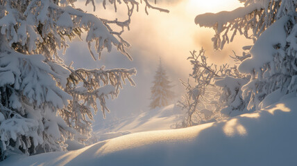 Wall Mural - Beautiful winter landscape. Snow and frost covered trees. Snowy scenery, cold and crisp sunny day.