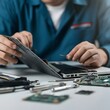 © elwa - Technician repairing a laptop with tools on the table, captured in hyper-realistic 4K HDR detail. Close-up view of the open laptop, showing the intricate motherboard and components. Keywords: laptop r