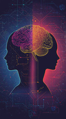 Poster - colorful brain representing connection between human mind and ai, integrated into complex futuristic