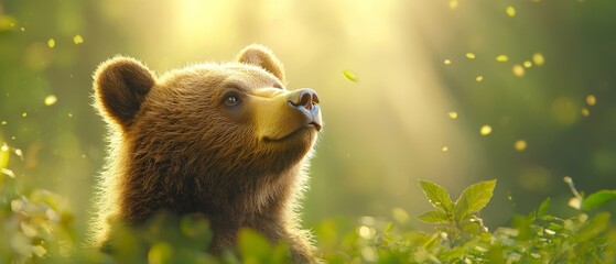 a brown bear standing in the middle of a lush green forest