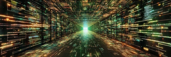 Poster - This captivating digital artwork shows a threedimensional cyberspace with glowing lines and intricate data patterns, symbolizing network connectivity and technological advancement