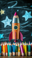Aufkleber - Rocket made of colored pencils launching from a group of pencils with a back-to-school theme in front of a blackboard with stars